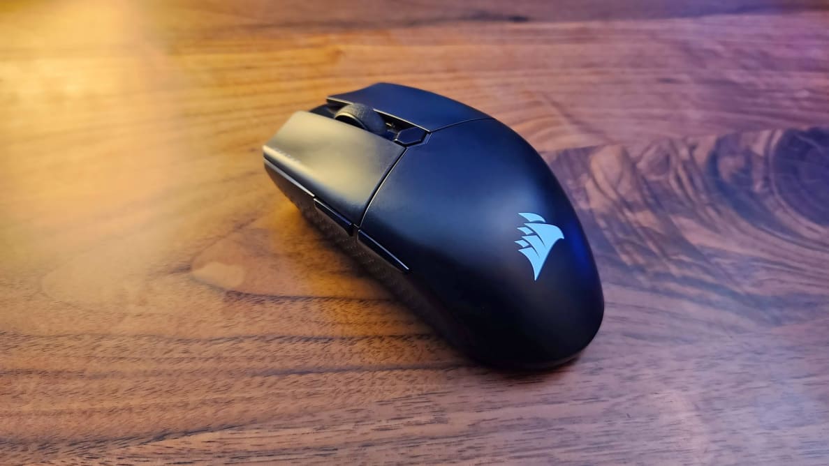 Looking at a black mouse with the corsair logo on it