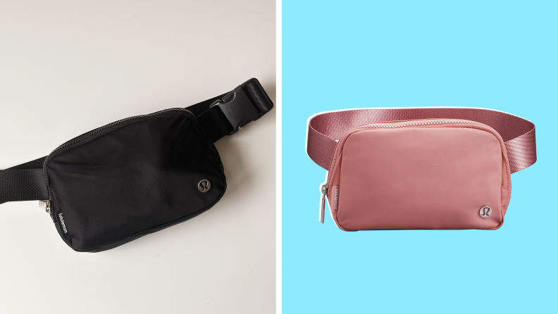A shot of the author’s black Lululemon Everywhere Belt Bag, and on the right is a product shot of the same bag in pink.