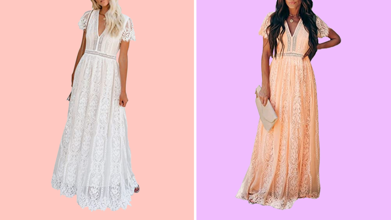 An image of a long, flowing lace cap-sleeve gown with a v-neck and small peekaboo cutout details on the waist. The first is seen in white, the second in peachy pink.