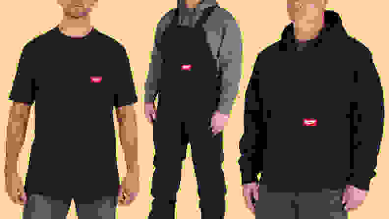 A close-up of three models wearing items from the Milwaukee workwear collection. The first model is wearing a t-shirt, the second model is wearing a pair of overalls, and the third model is wearing a hooded jacket. All three are on a yellow background.