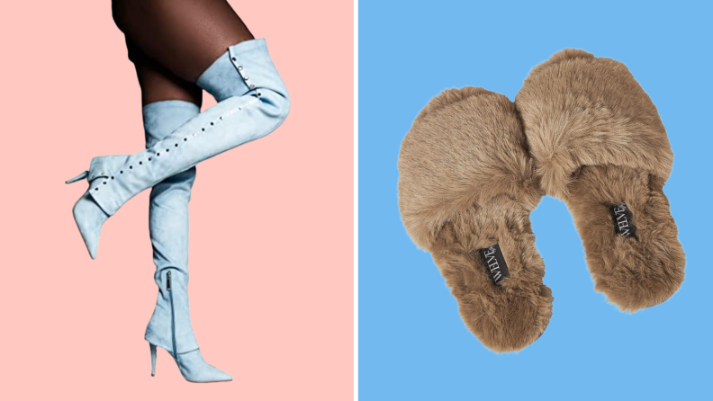 A pair of thigh-high blue boots, and a pair of furry slippers.