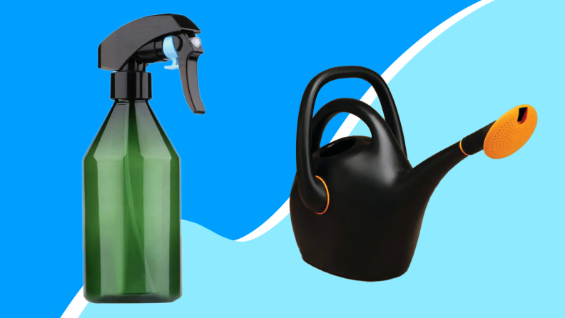 On left, green misting spray bottle. On right, black plastic watering can.