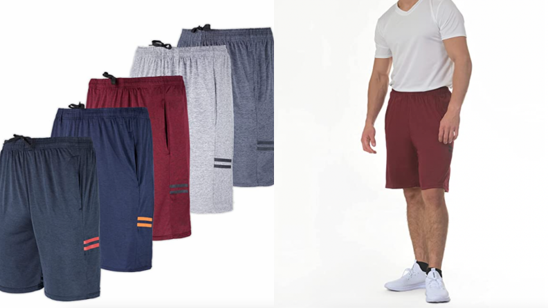 Five pairs of running shorts by Real Essentials, man wearing red Real Essentials running shorts with grey T-shirt.