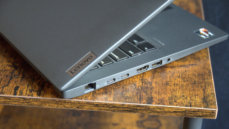 Close up view of the ports located on the left side of the Lenovo ThinkPad P14s Gen 4 laptop.