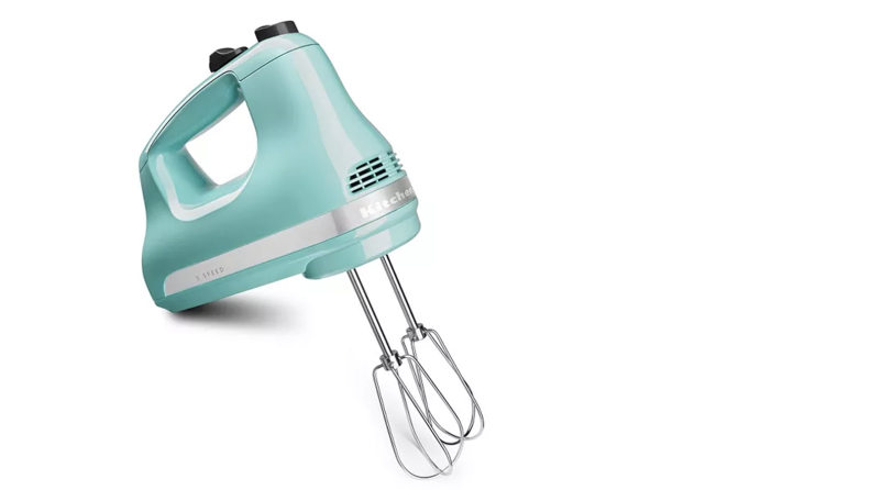 A teal handmixer