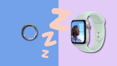 An Oura ring and an Apple Watch sit on a dual-tone background with ZZZs