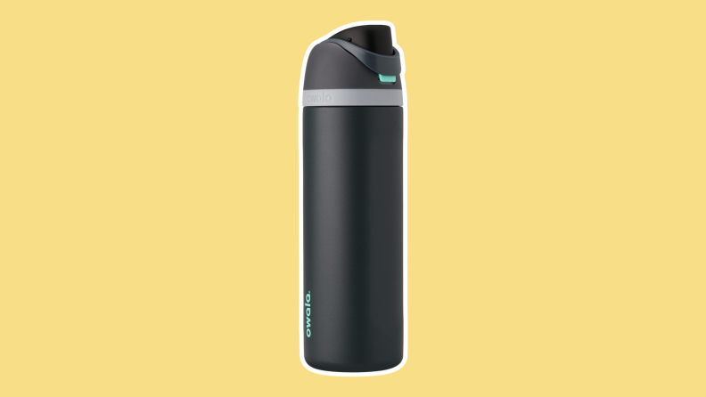 The Owala FreeSip Insulated Stainless Steel Water Bottle in black on a yellow background.