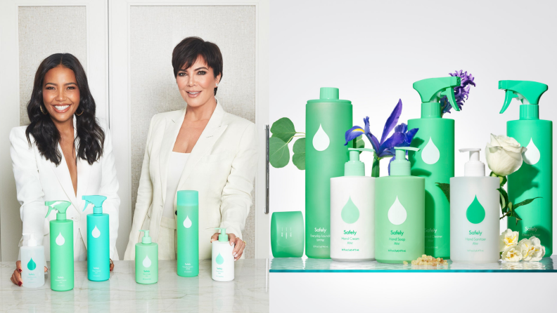 On the left, Emma Grede and Kris Jenner with their Safely products. On the right the Safely products with flowers around them.