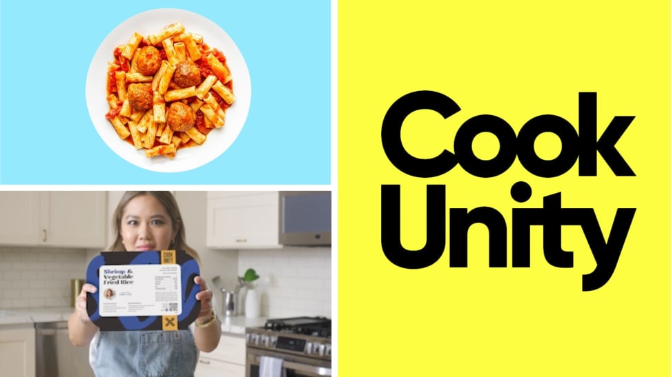 A plate of rigatoni in front of a colored background surrounded by the CookUnity logo in front of a colored background and a woman holding a CookUnity meal.