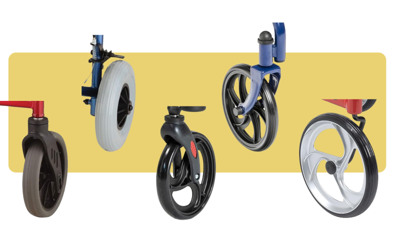 A series of differently sized rollator wheels on a colorful background