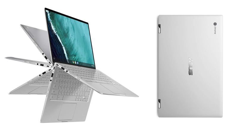 The Asus Chromebook Flip C434 shown closed and open in various positions.