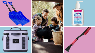 Photo collage of two blue push shovels, a Yeti lunch cooler, a smiling family loading up their car with items for a road trip, a bottle of hand sanitizer and a combination ice scraper and brush.