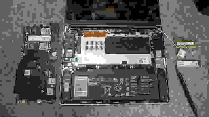 Overhead shot of the bare laptop with the mainboard taken out.