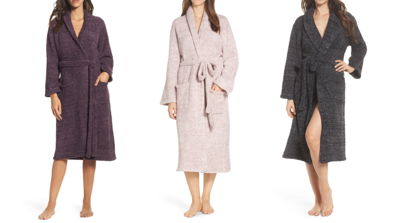 Three pictures of women in fluffy robes