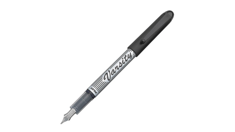 An image of a black and silver fountain pen.