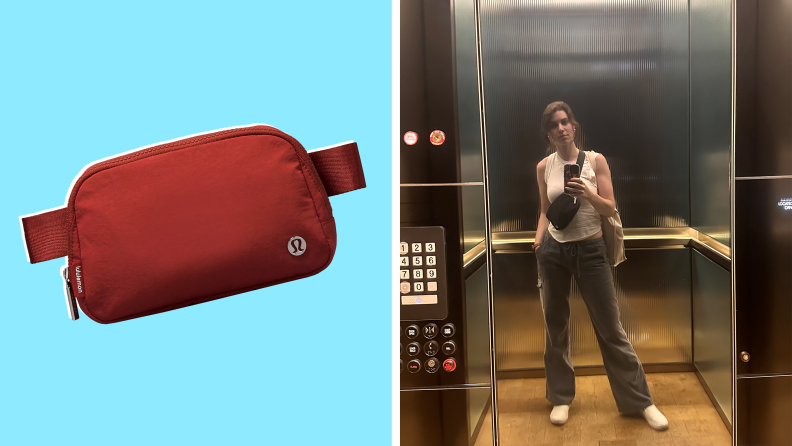 A product shot of the Lululemon Everywhere Belt Bag in red, and a photograph of the author taking a selfie in an elevator wearing jeans, a T-shirt, and the same bag in black as a crossbody.