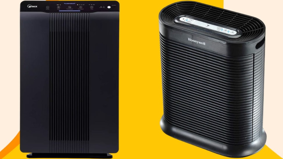 Winix and Honeywell air purifiers against a yellow background.