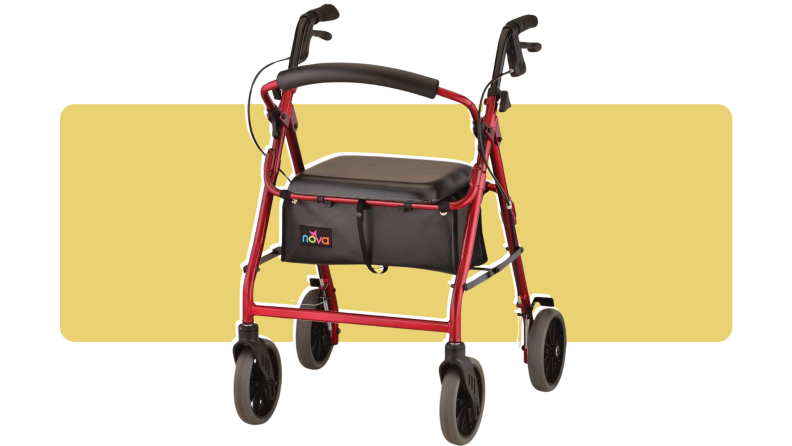 A red Nova Zoom rollator on a colorful background