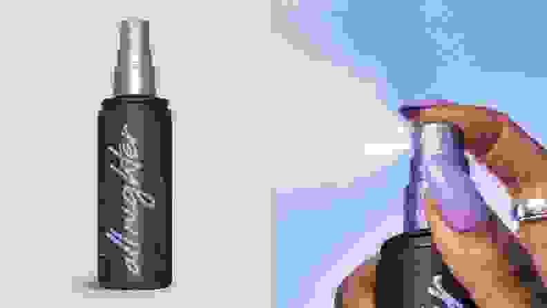 On left, product shot of black and purple bottle of setting spray from Urban Decay in front of purple background. On right, finger spraying setting spray.