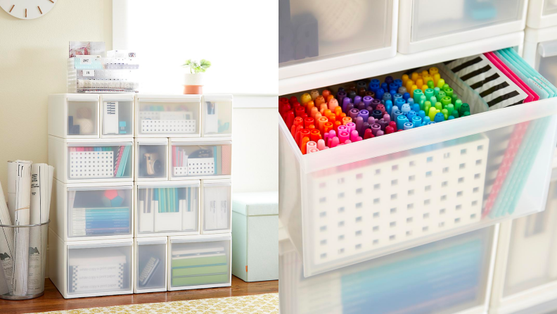 Two images of clear storage bins.