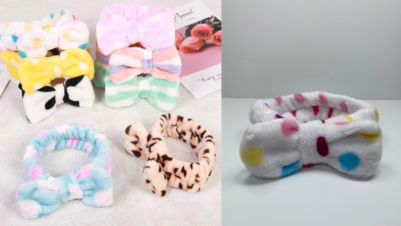 On left, 8 multi-colored spa headbands stacked on top of each other on top of white countertop. On right, singular white multi-colored spa headband.