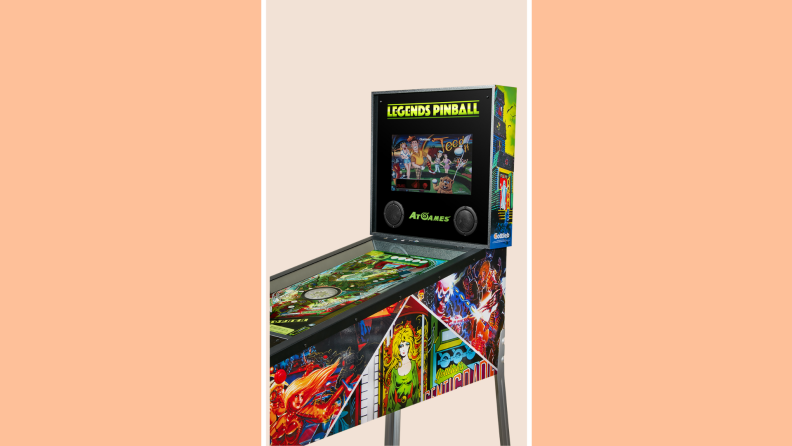 The Legends pinball machine in front of a background.