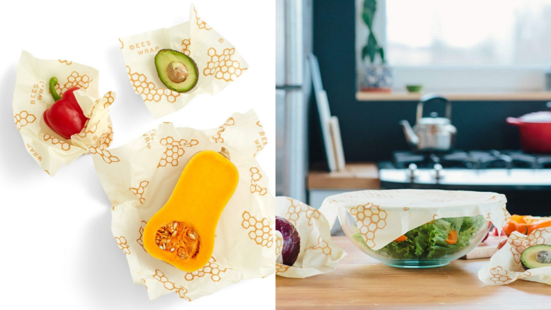 On the left, a bell pepper, a butternut squash, and an avocado are wrapped in bee's wrap. On the right, the bee's wrap is used to cover a bowl of salad greens.