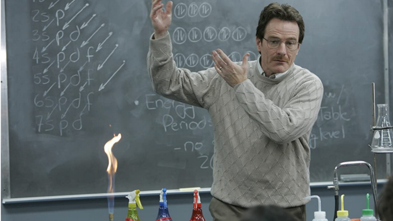 A still from Breaking Bad featuring Bryan Cranston in front of a chalkboard.