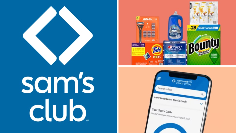 Sam's Club logo next to a photo of household essentials and a smartphone with the Sam's Club app open on the screen.