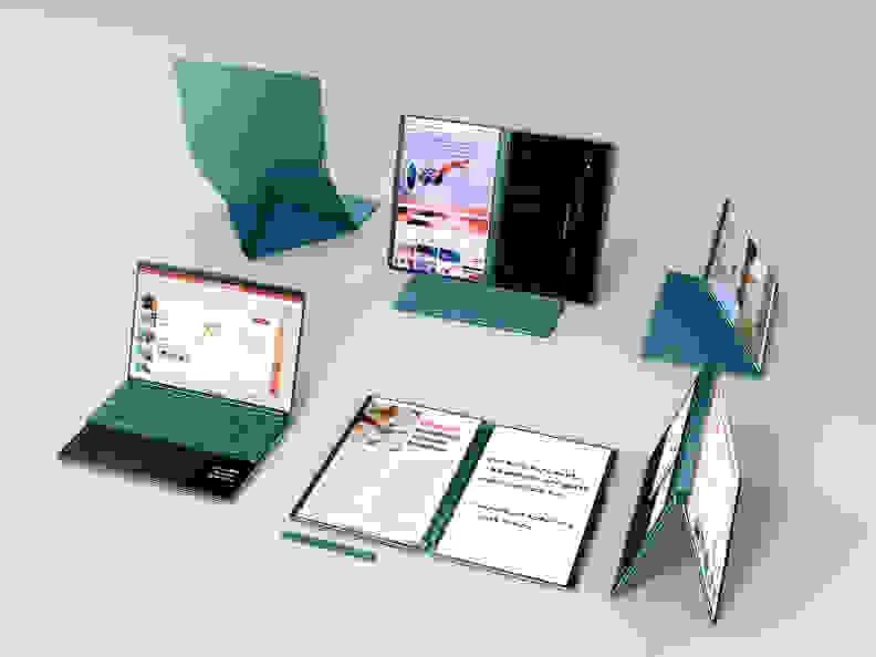 A flexible laptop shown in a variety of open and closed positions.