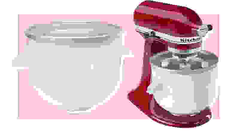 KitchenAid ice cream maker attachment and stand mixer on a pink background