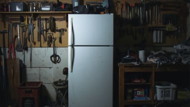 An AI-created image of a refrigerator in a garage