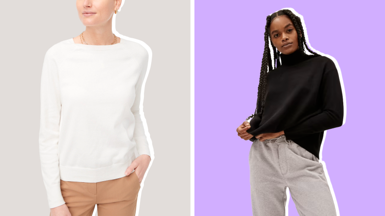 On left, model displaying knit lightweight sweater. On right, model wearing black lightweight sweater.