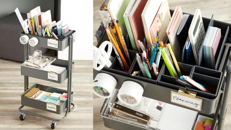 A rolling cart is filled with office supplies like pencils and paper