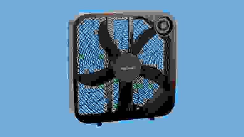 A black box fan on a blue background