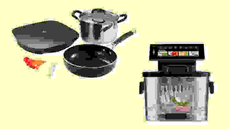 On left, product shot of the Tramontina Guru Smart Cooking Solution. On right, product shot of the Typhur Sous Vide Station.