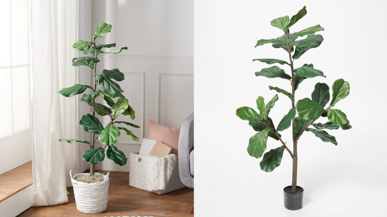 A potted faux fiddle leaf fig tree in the corner of a room.