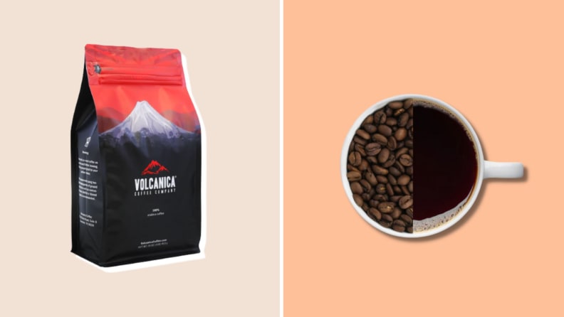 A split image of a Volcanica Coffee package and a mug filled half-and-half with beans and grounds.