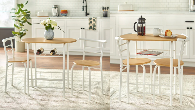 Small white bistro set with a table and two chairs in kitchen.