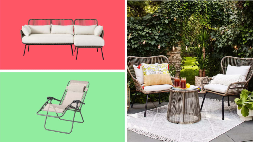 Various patio furniture in front of colored backgrounds next to another patio furniture set.