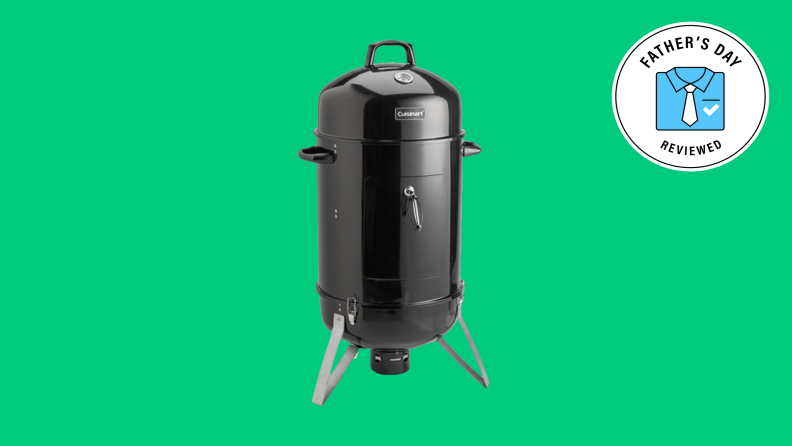 A food smoker set against a forest green background.