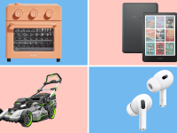 Countertop oven, Kindle, lawn mower, and headphones on pastel green background