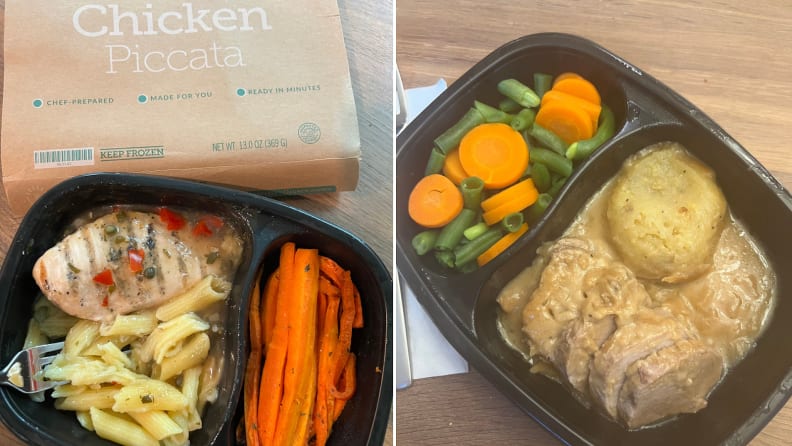 Left: BistroMD meal of chicken with pasta and roasted carrots. Right: BistroMD meal of pork with mashed potatoes in gravy and steamed carrot rounds and green beans.
