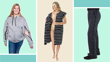 A collage featuring a hoodie with an arm zipper, a stylish gown and a pair of pants.