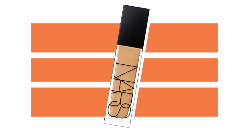 Nars foundation against an orange and white background.