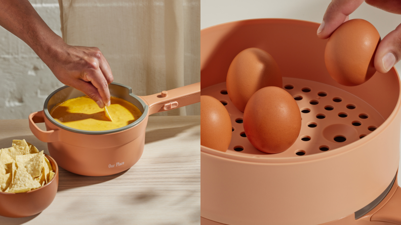 Split image of a hand dipping a tostada into nacho cheese in a Perfect Power Pot and eggs being placed in the steamer attachment.