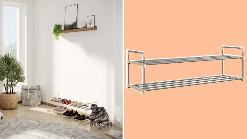 On the right, the Home-Complete shoe rack in a modern home setting in front of the window.  At right, product shot of the Home-Complete Shoe Storage Shelf.