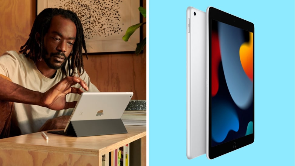 Someone using a ninth-generation Apple iPad next to the same tablet in front of a colored background.