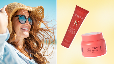 A person secures a floppy hat while standing on a windy beach; two hair products against a yellow background.