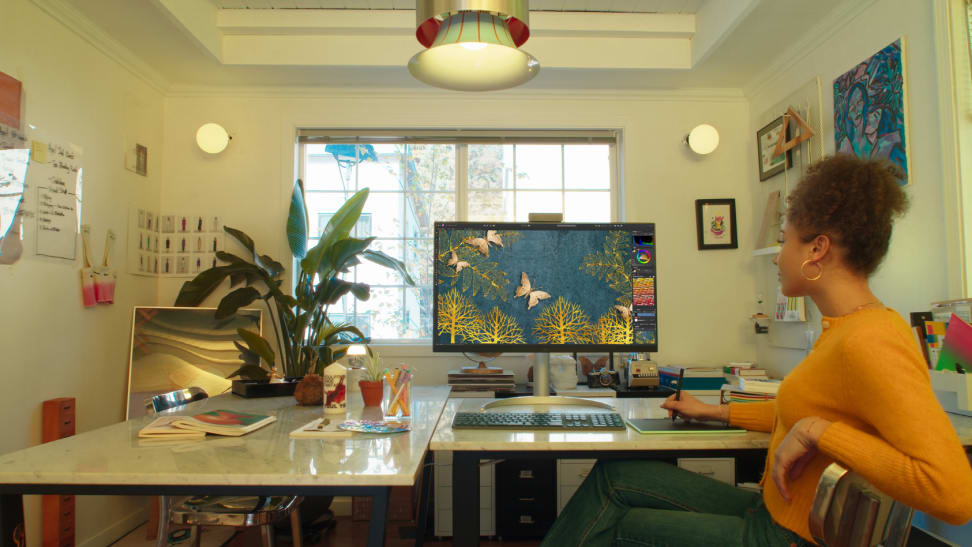 A person sits at a desk in front of a computer monitor